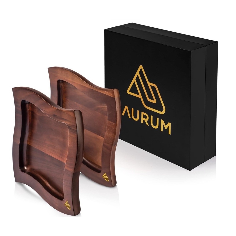 AURUM Wave Wood Serving Plates Set of 2 9.5 Inches Artisan Made Black Walnut NIB